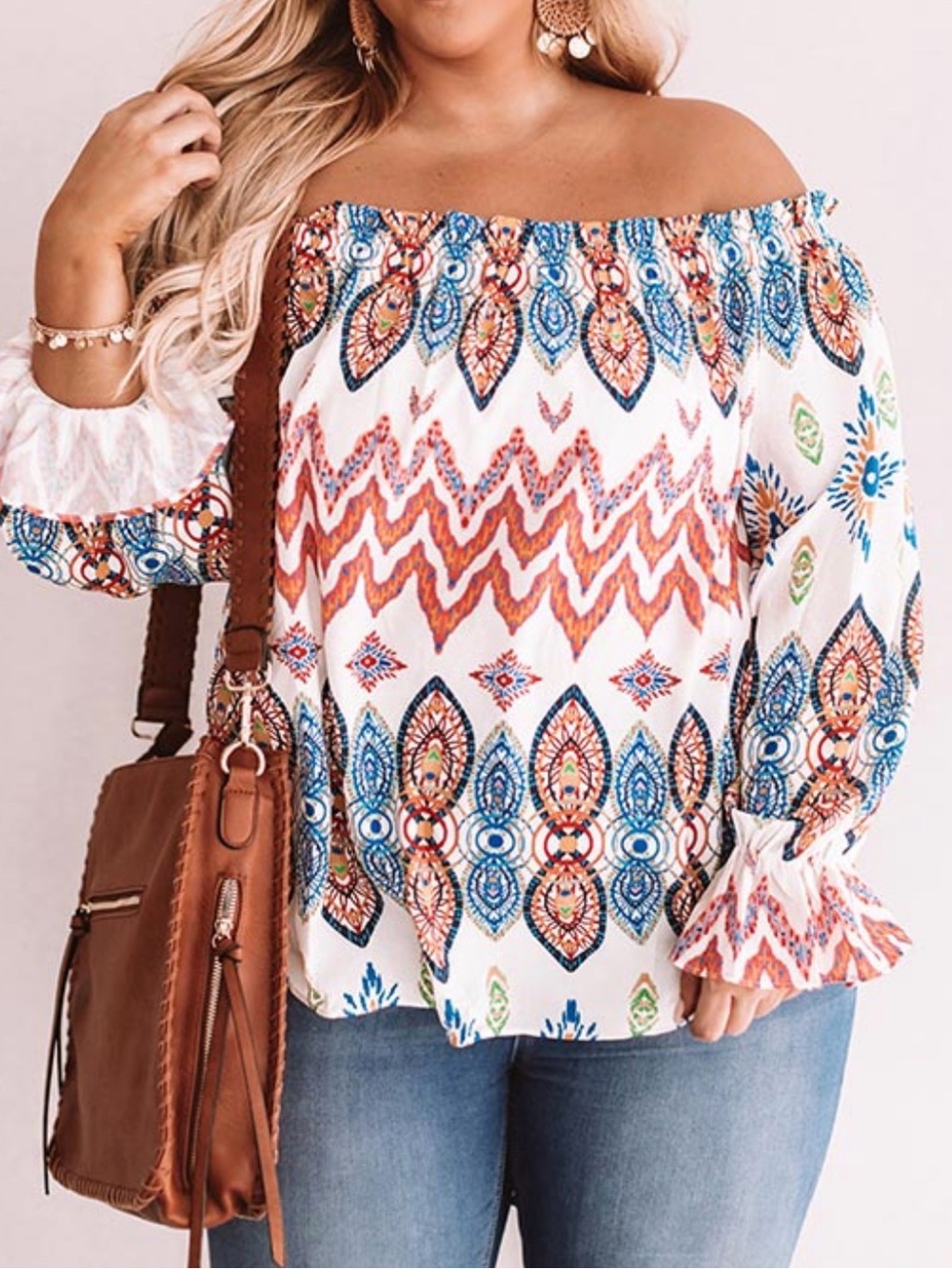 Flying Tomato Boho Off-Shoulder Peasant Top White with Multicolor Print Size 1X